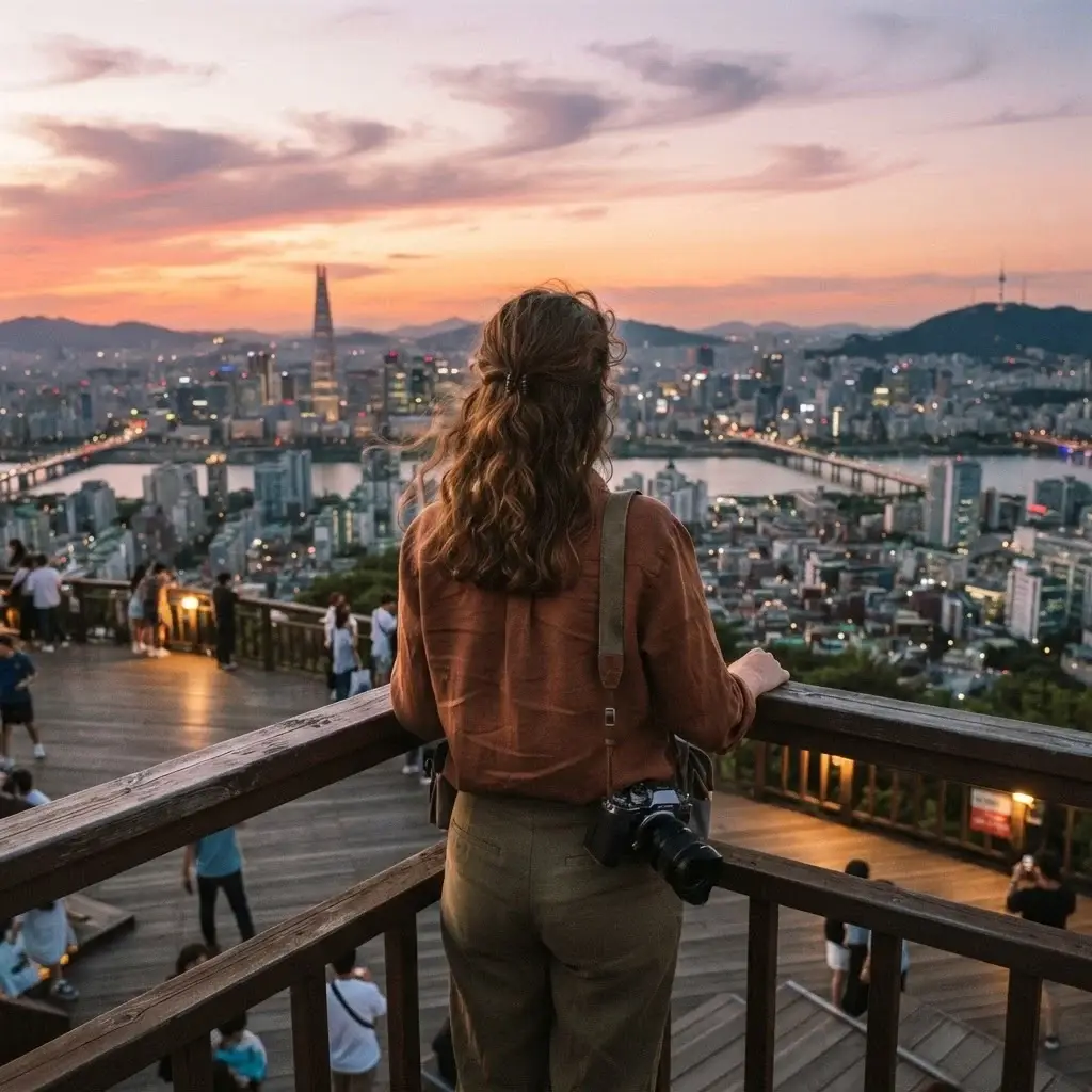 A female traveler with a mirrorless camera looking over the expansive Seoul city basin from the wooden viewing deck at Namsan Mountain during sunset.
