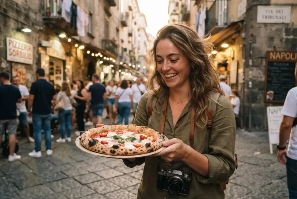 Classic wood-fired Neapolitan margherita pizza held over a busy street on Via dei Tribunali, Naples, Italy