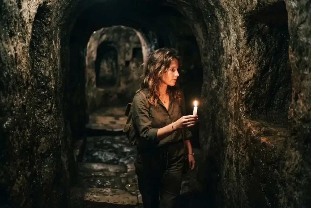 Solo traveler holding a candle in the ancient underground tunnels of Napoli Sotterranea, Naples, Italy