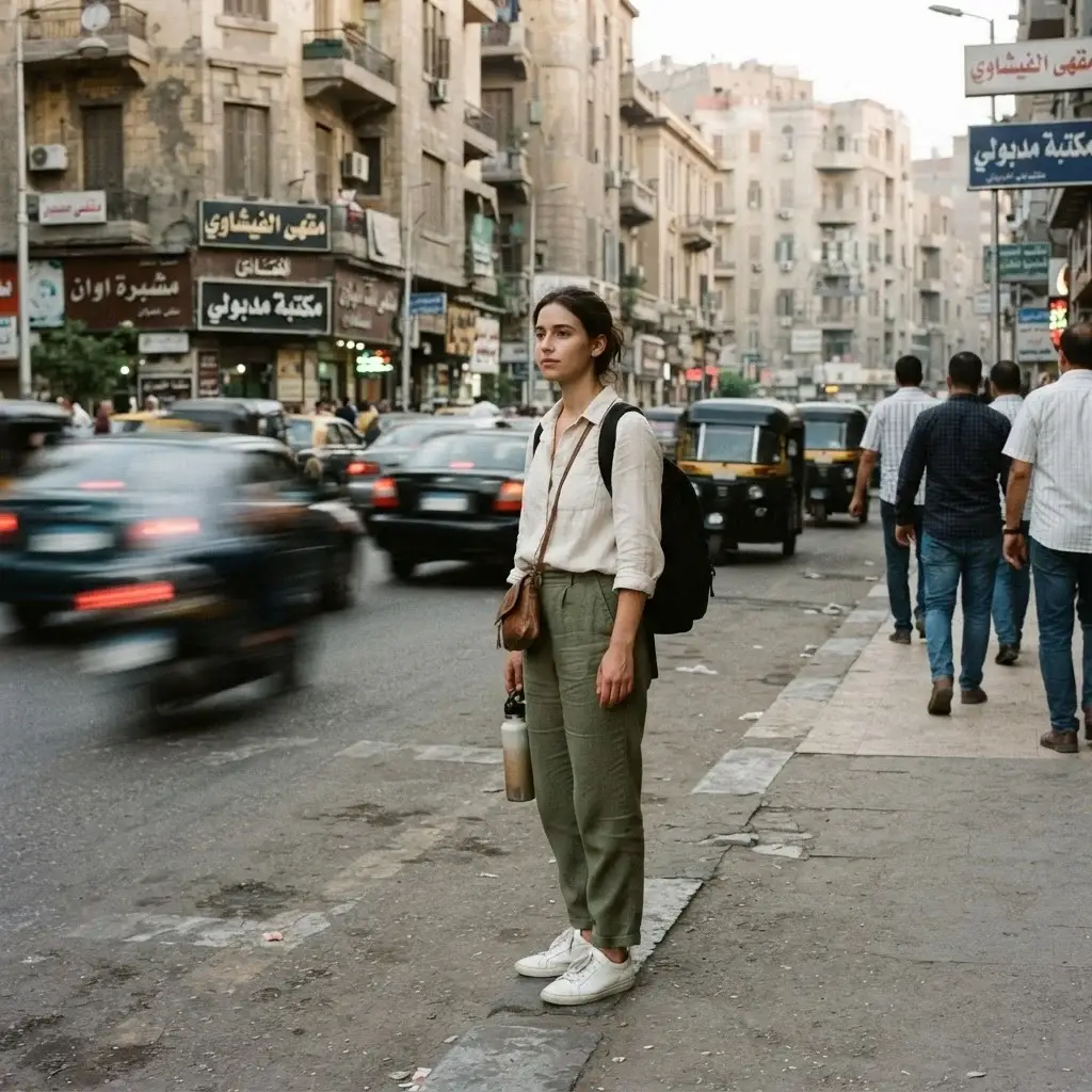 A solo traveler crossing a busy street in Cairo with confidence, with soft motion blur of traffic in the background.