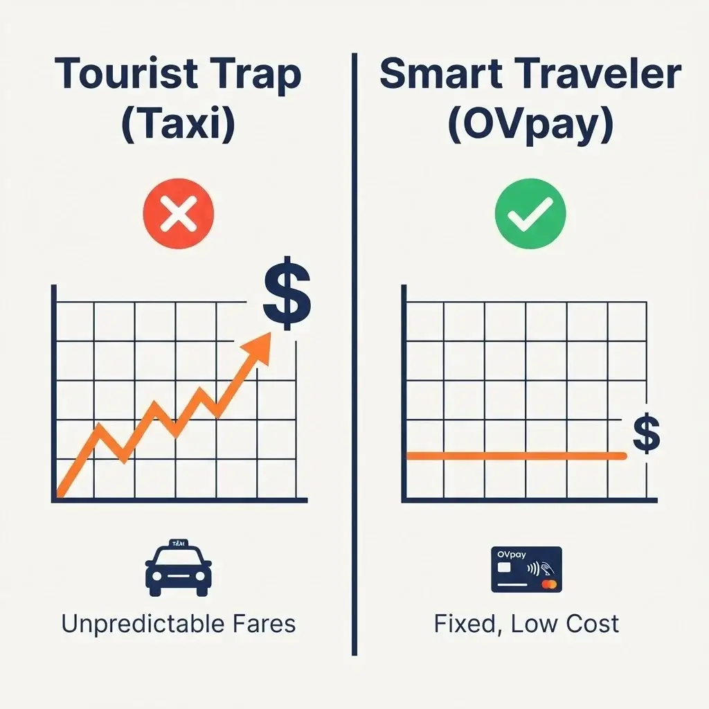 Infographic comparing the cost and efficiency of public transit via OVpay versus taking taxis in the Netherlands for budget travelers.