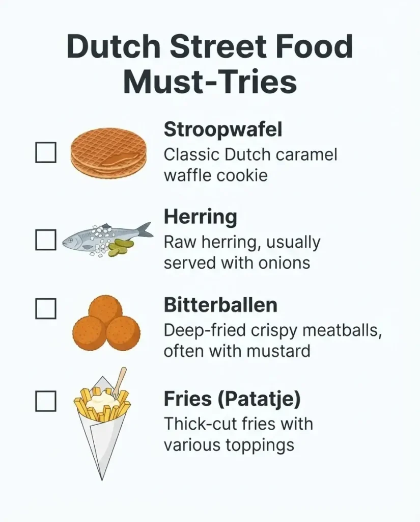 A checklist infographic showcasing iconic Dutch street foods including Stroopwafel, Herring, and Bitterballen with minimalist vector icons.