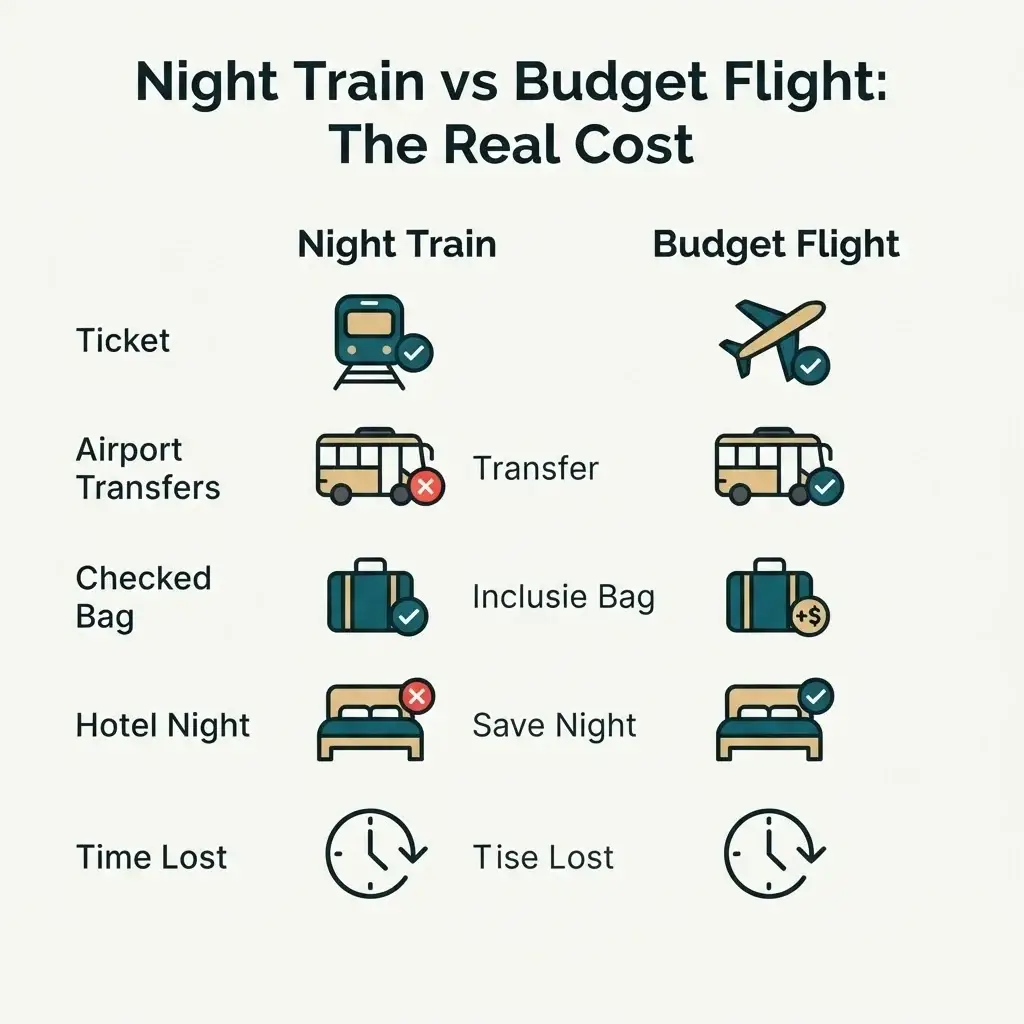 Flat vector comparison infographic showing night train versus budget flight true costs for European travel including hotel and transfers