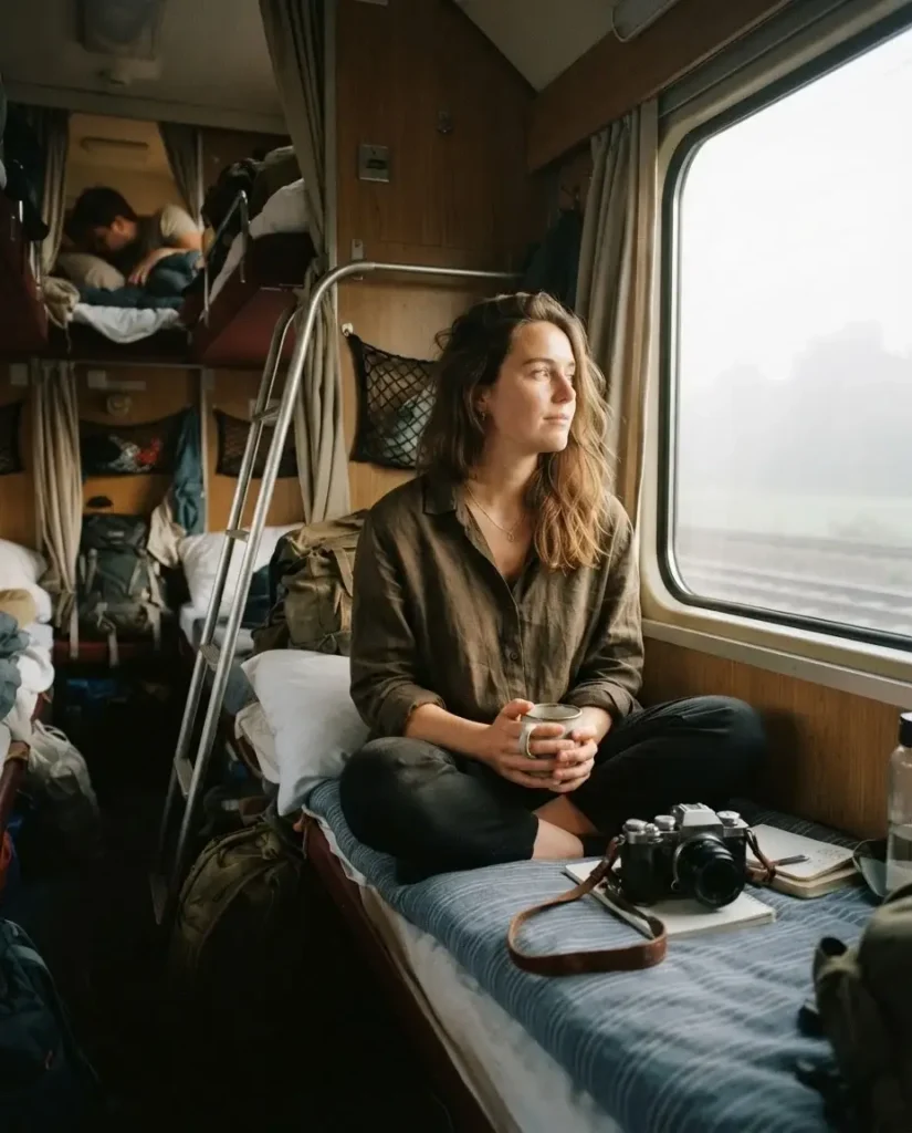 Solo female traveler relaxing in a six-berth couchette cabin on an ÖBB Nightjet sleeper train in Europe, morning light through the window