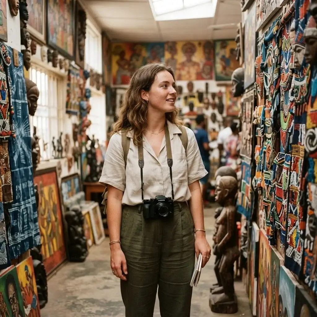 A solo traveler standing inside the Nike Art Gallery in Lagos, surrounded by colorful floor-to-ceiling Nigerian art, beadwork, and textiles, looking at the display.