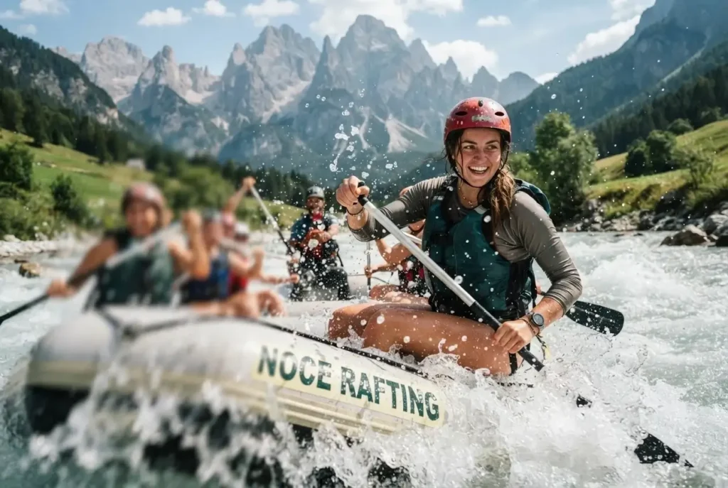White-water rafting through splashing rapids on the Noce River in Val di Sole, Trentino, Italy, with Dolomites in the background