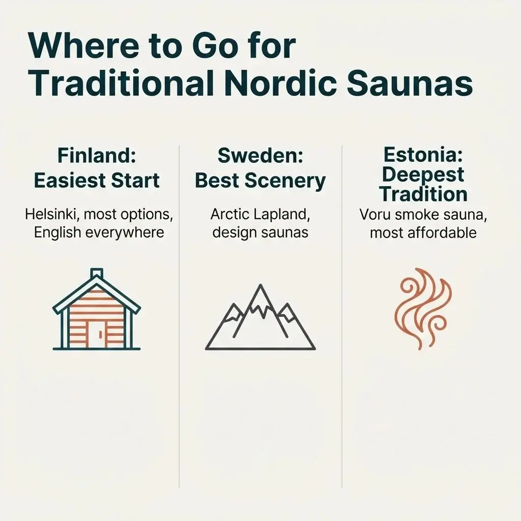 Comparison guide showing traditional Nordic sauna options in Finland, Sweden, and Estonia for first-time travelers