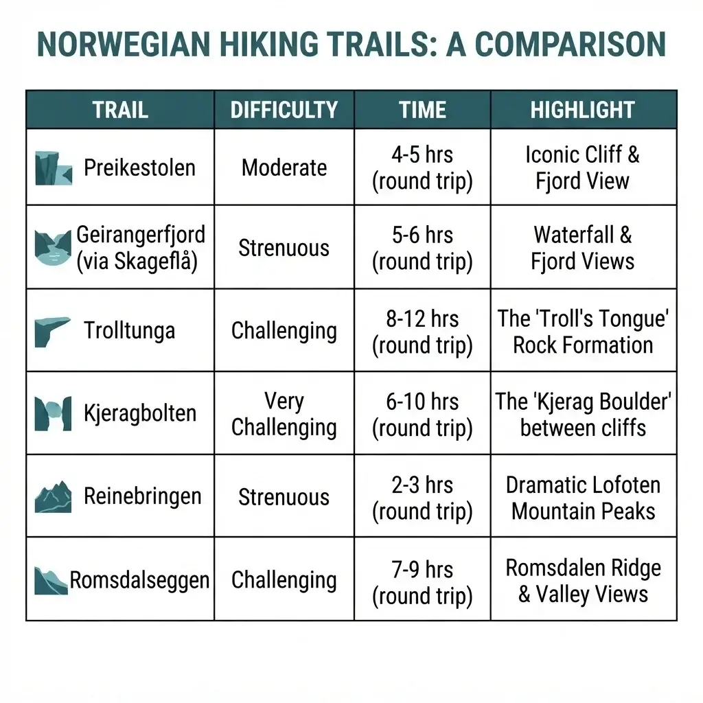 A clean infographic comparison table showing the difficulty level, estimated time, and key highlights of major Norwegian hiking trails including Preikestolen, Trolltunga, and Romsdalseggen.