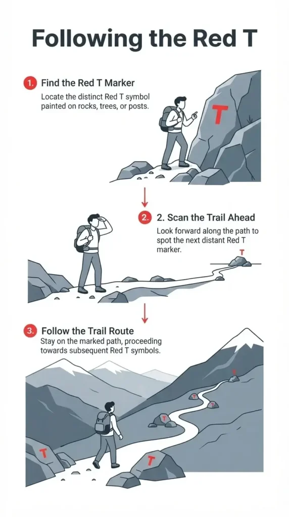 A vertical step-by-step infographic illustration explaining the Norwegian red 'T' trail marking system and how hikers should navigate using these markers.