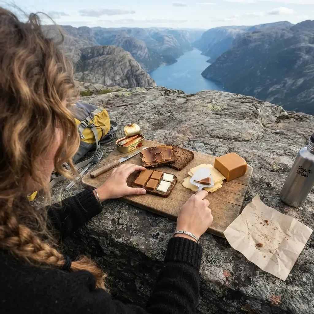 A close-up, authentic photograph of hands preparing a traditional Norwegian matpakke lunch with brown cheese on a rugged mountain rock during a hiking break.