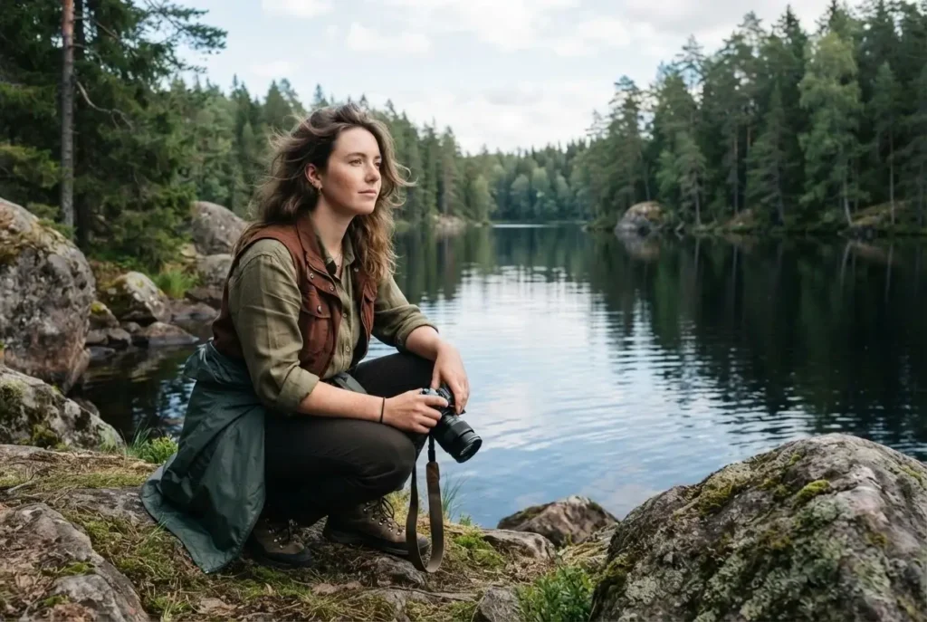 Solo traveler pausing beside a clear lake among old spruce forest and mossy boulders in Nuuksio National Park near Helsinki, Finland