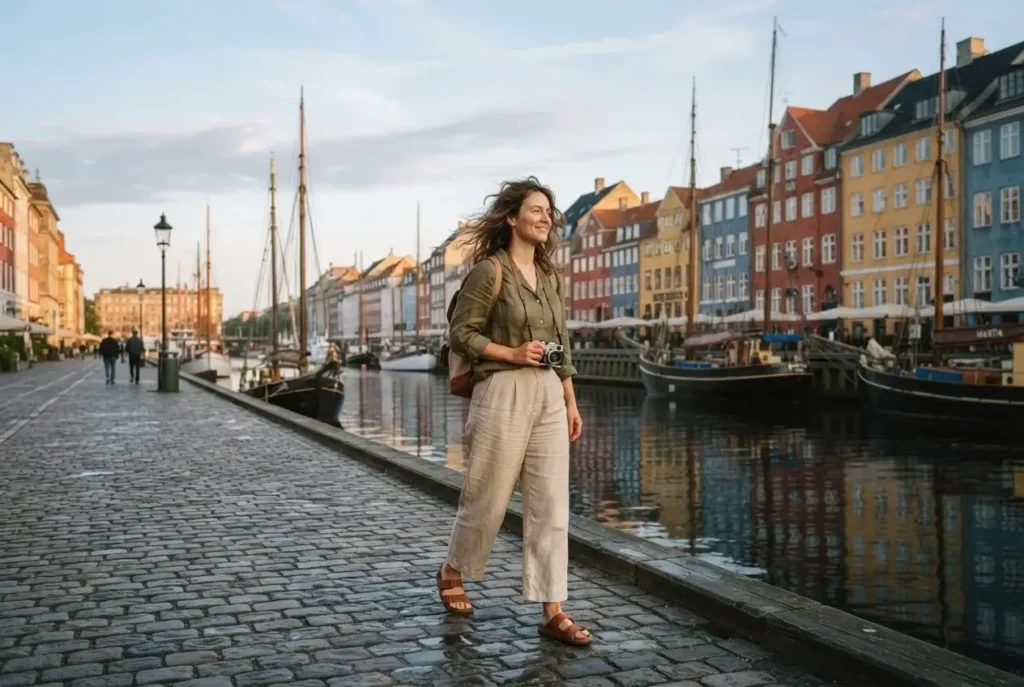 Colorful 17th-century townhouses and old wooden boats along the Nyhavn canal in Copenhagen, Denmark at sunrise