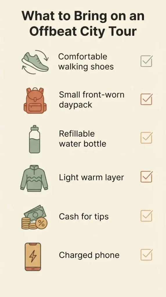 Flat vector packing checklist of essentials to bring on an offbeat European city walking tour
