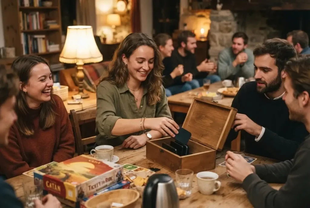 Small group at a phone-free offline retreat in the Netherlands placing smartphones into a wooden lockbox before an evening of board games and conversation