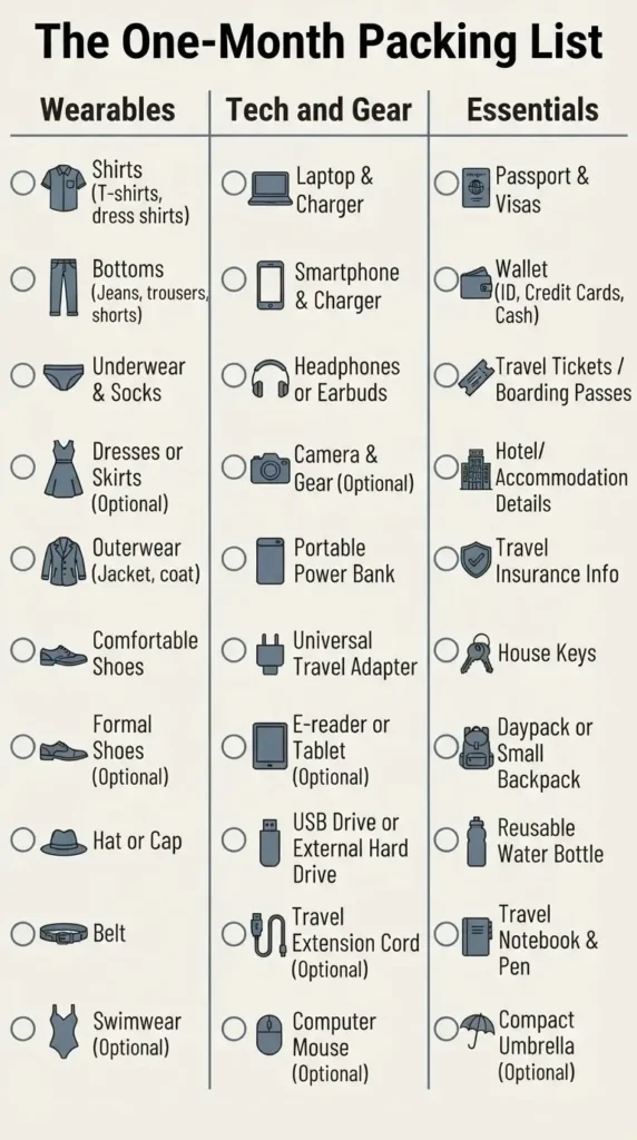  A vertical, clean checklist infographic for a one-month European solo trip, categorized by clothing, tech essentials, personal documents, and toiletries.