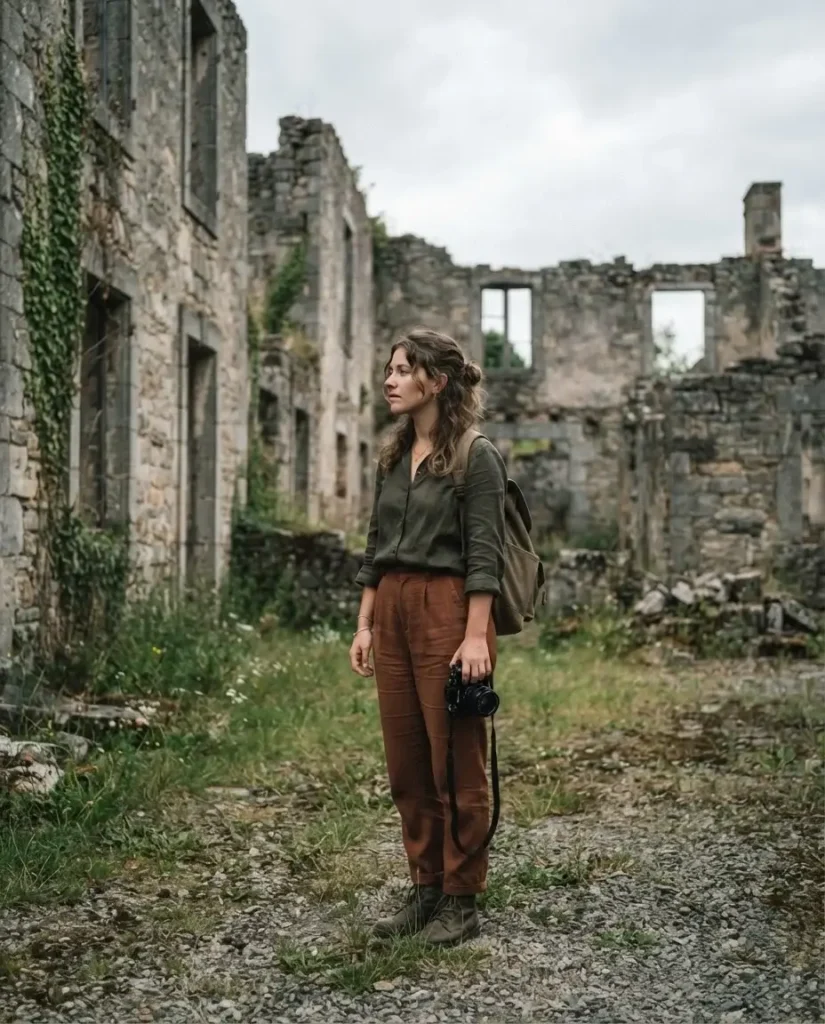 Solo traveler standing quietly among the preserved stone ruins of Oradour sur Glane village in central France