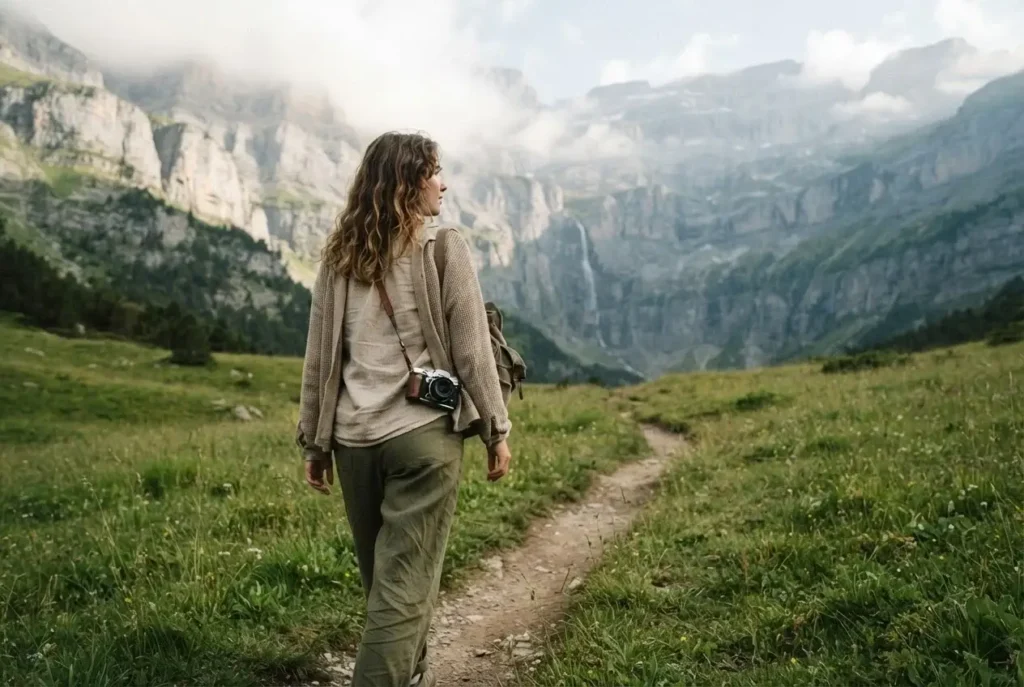 Solo woman traveler walking a quiet trail among waterfalls and limestone peaks in Ordesa y Monte Perdido National Park in the Spanish Pyrenees