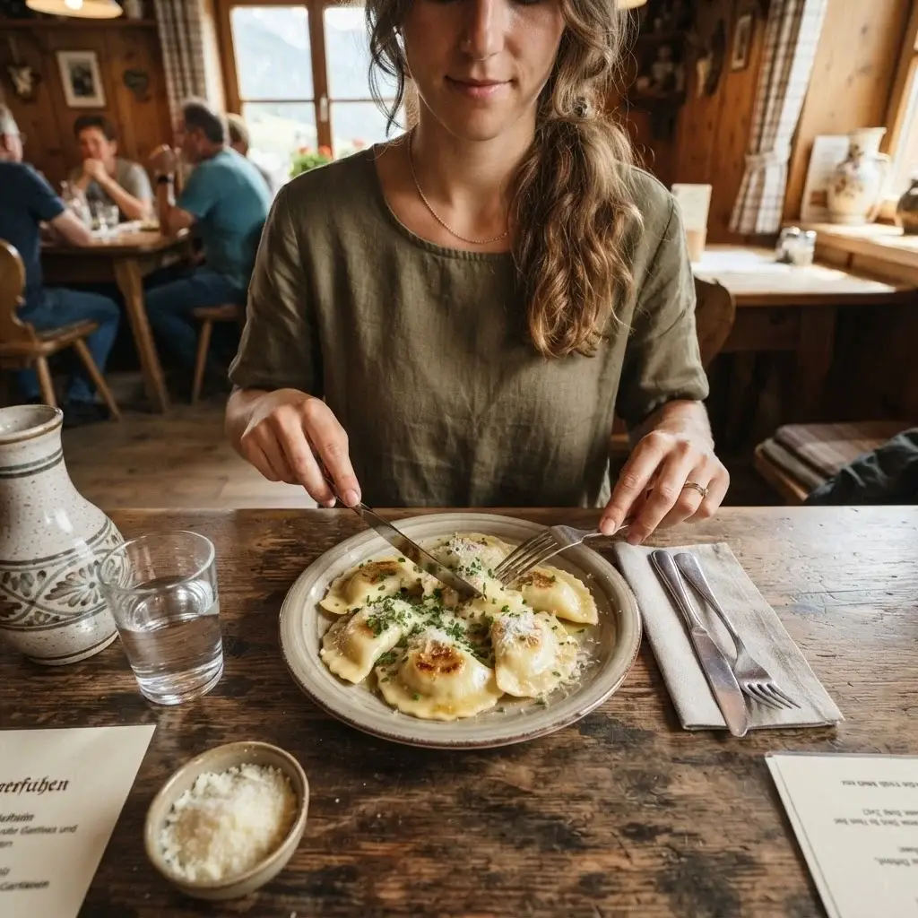 A candid close-up of a rustic wooden table in a traditional Austrian tavern in Osttirol, featuring a steaming plate of Schlipfkrapfen pasta with chives, with a woman's hands preparing to eat.