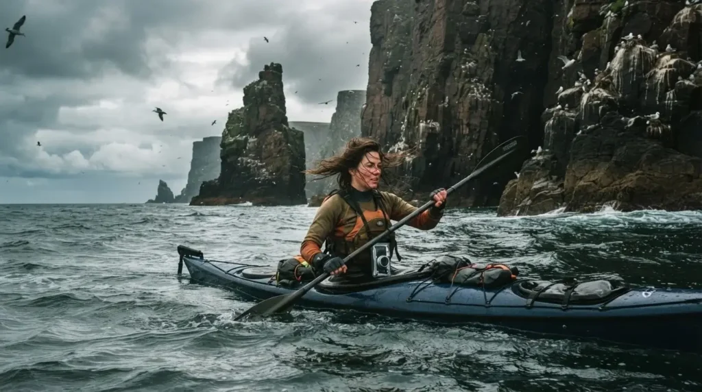 Sea kayaker paddling past dramatic sea cliffs and stacks in the Outer Hebrides, Scotland, with visible Atlantic swell.