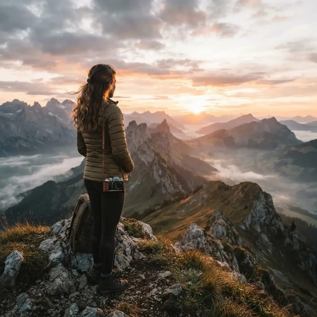 A 20-something female explorer with a mirrorless camera looking out over a rugged mountain valley while wearing a compact, insulated lightweight travel puffer jacket.