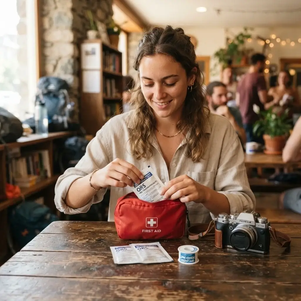 Emma Collins, a female solo traveler with brown hair, sitting at a rustic wooden table in a hostel, calmly organizing a small, compact red first-aid pouch with rehydration salts and blister tape.