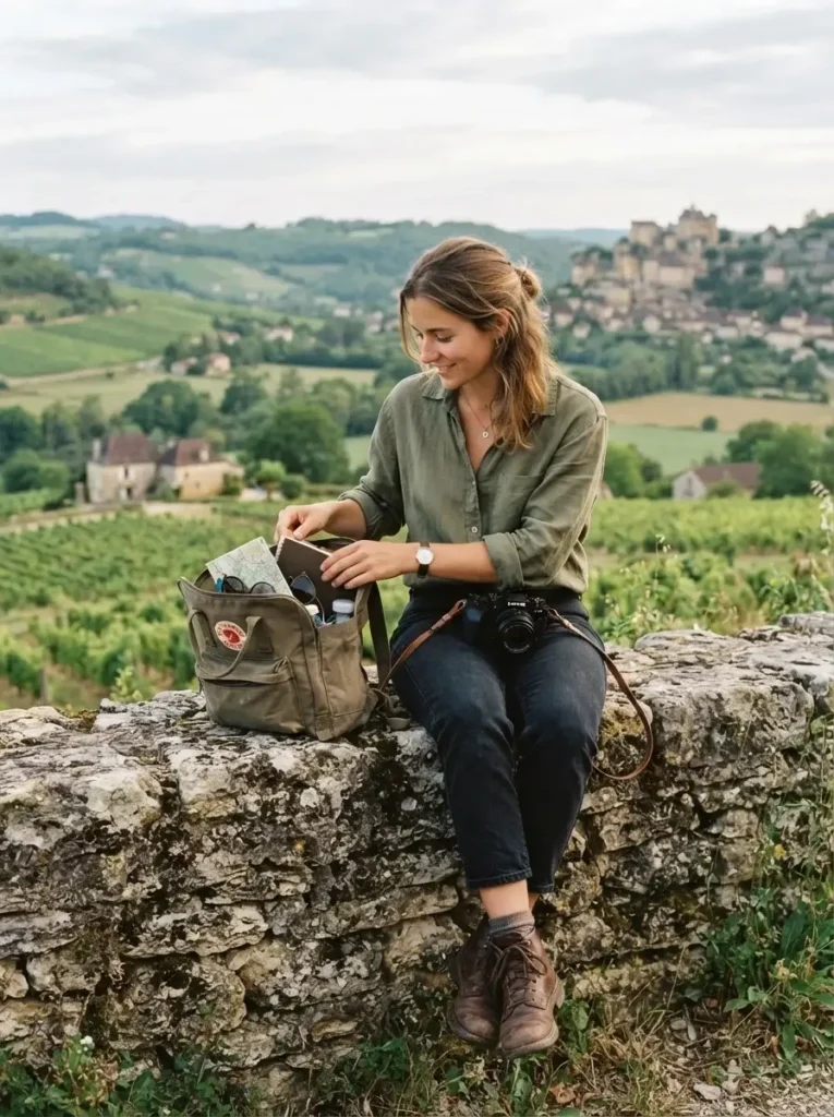Emma Collins sitting on a rustic stone wall in the French countryside, organizing a minimalist daypack, emphasizing practical solo travel gear.