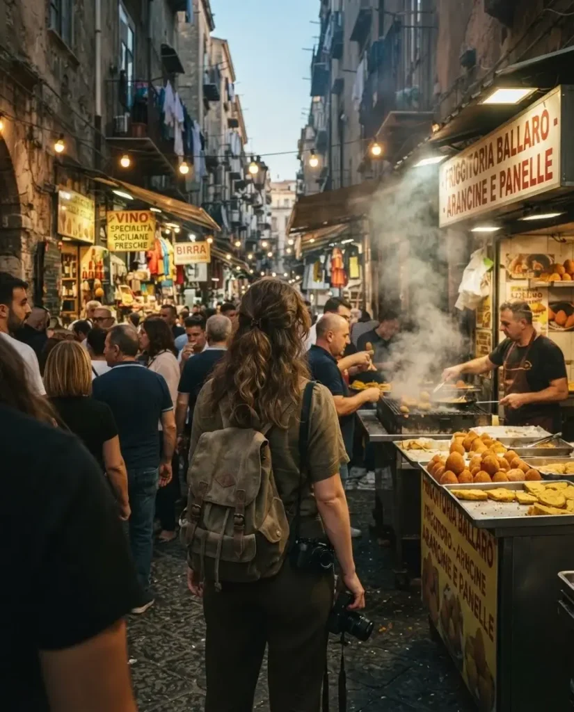 Lively evening street food scene with smoky grills and vendors at Ballaro market in Palermo, Sicily, Italy