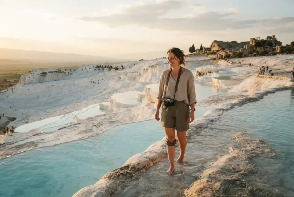 White travertine terraces filled with turquoise thermal pools at Pamukkale, Turkey, with a solo traveler wading barefoot