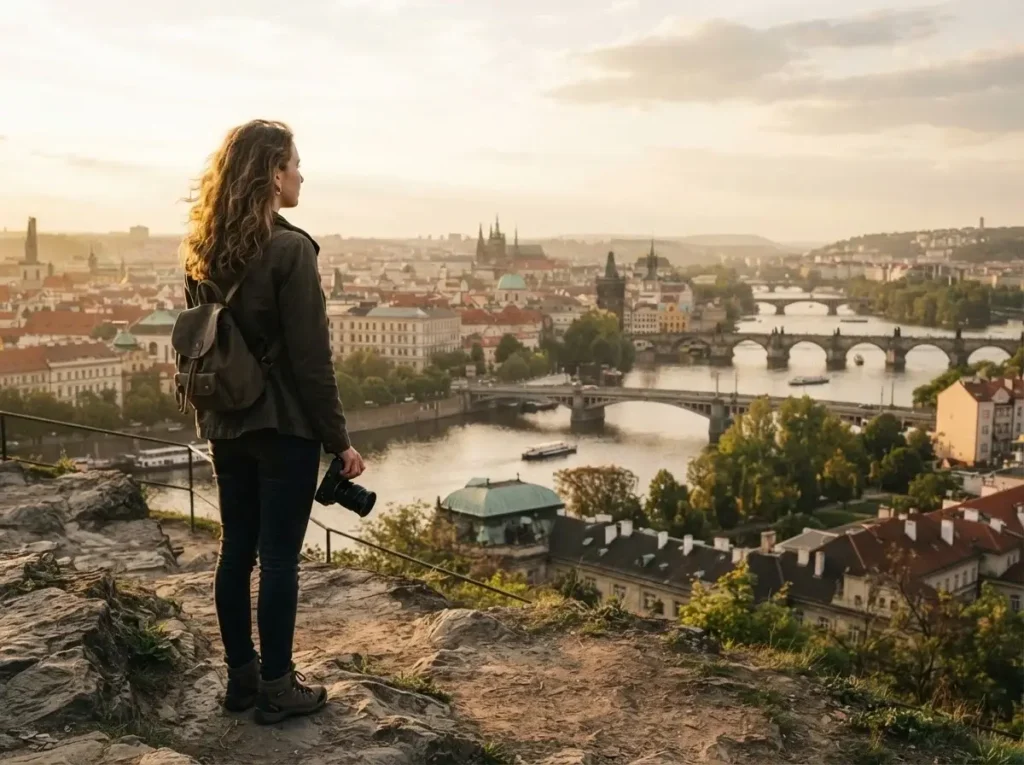 A candid view of the Vltava River bridges in Prague seen from the high cliff vantage point of Letná Park during a soft, late afternoon light.