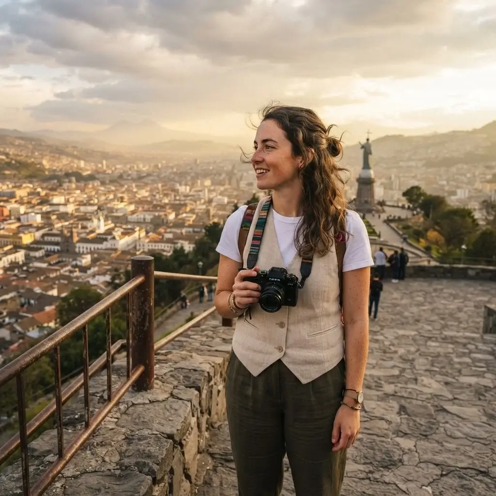Emma Collins standing at the El Panecillo viewpoint in Quito, overlooking the sprawling city valley at golden hour.