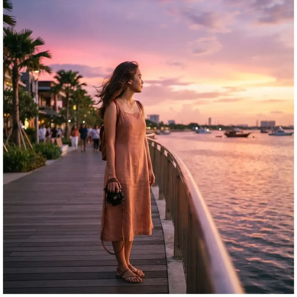 A warm sunset photograph of a young female traveler standing on the San Antonio Promenade at Pantai Indah Kapuk in North Jakarta, watching the pink and orange sky over the Java Sea.