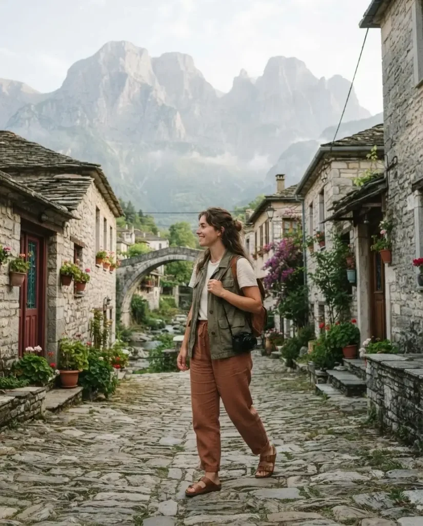 Traveler walking through the stone village of Papigo in Greece's Zagori region, with slate rooftops and the Pindus Mountains rising behind the Vikos Gorge.