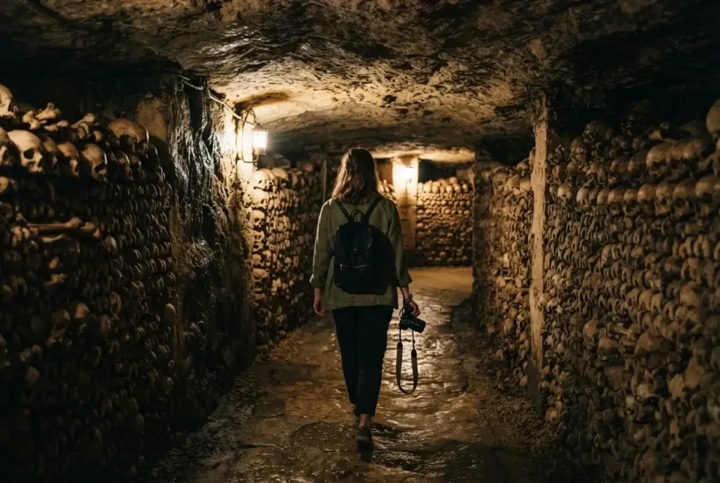 Young woman walking alone through the dim skull-lined corridors of the Paris Catacombs, France