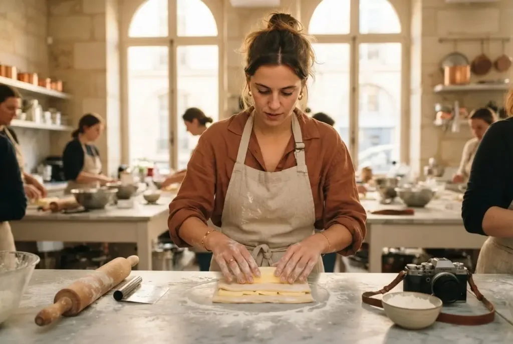 Female traveler laminating croissant dough during an English-language pastry class in Paris, France