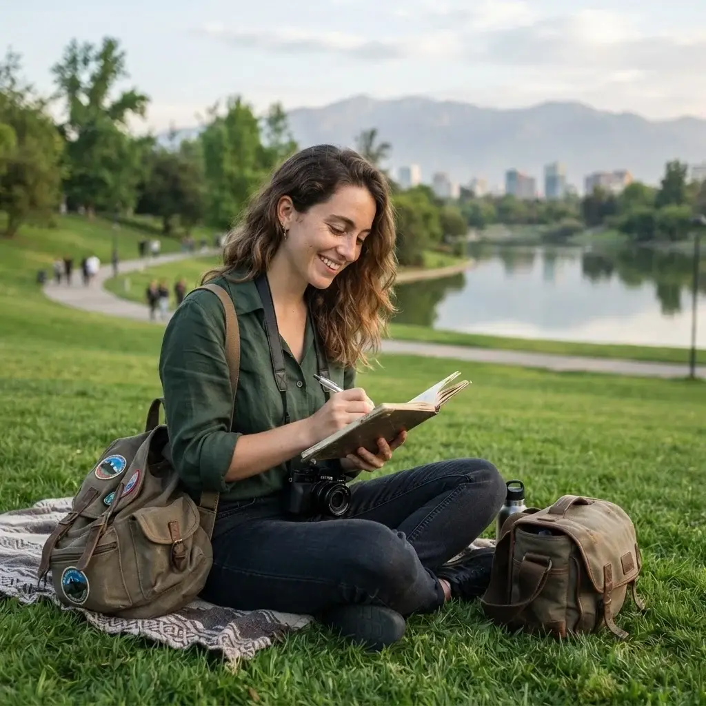 A natural shot of a female solo traveler sitting peacefully on the green grass of Parque Bicentenario in Santiago, Chile, during a bright morning, capturing a sense of calm and accomplishment.