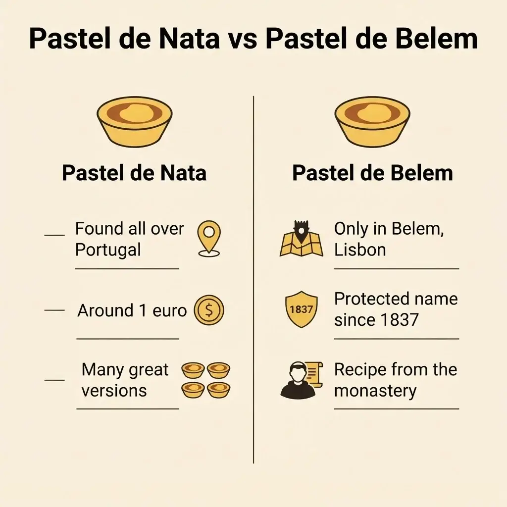 Comparison infographic explaining the difference between pastel de nata and the original pastel de Belém in Lisbon, Portugal