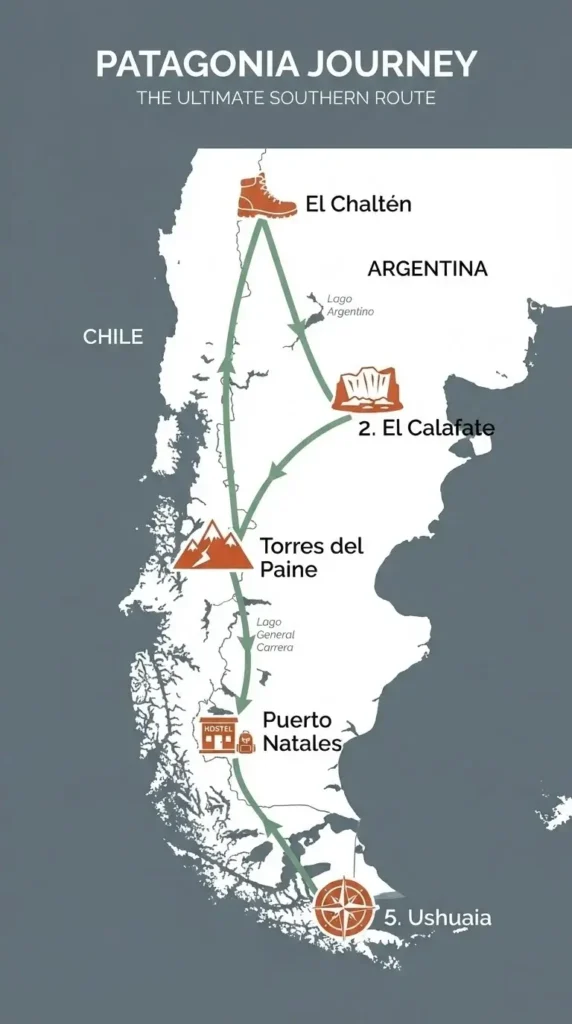 A vertical infographic map showing the Patagonia travel route from Puerto Natales and Torres del Paine through El Calafate and El Chaltén down to Ushuaia.