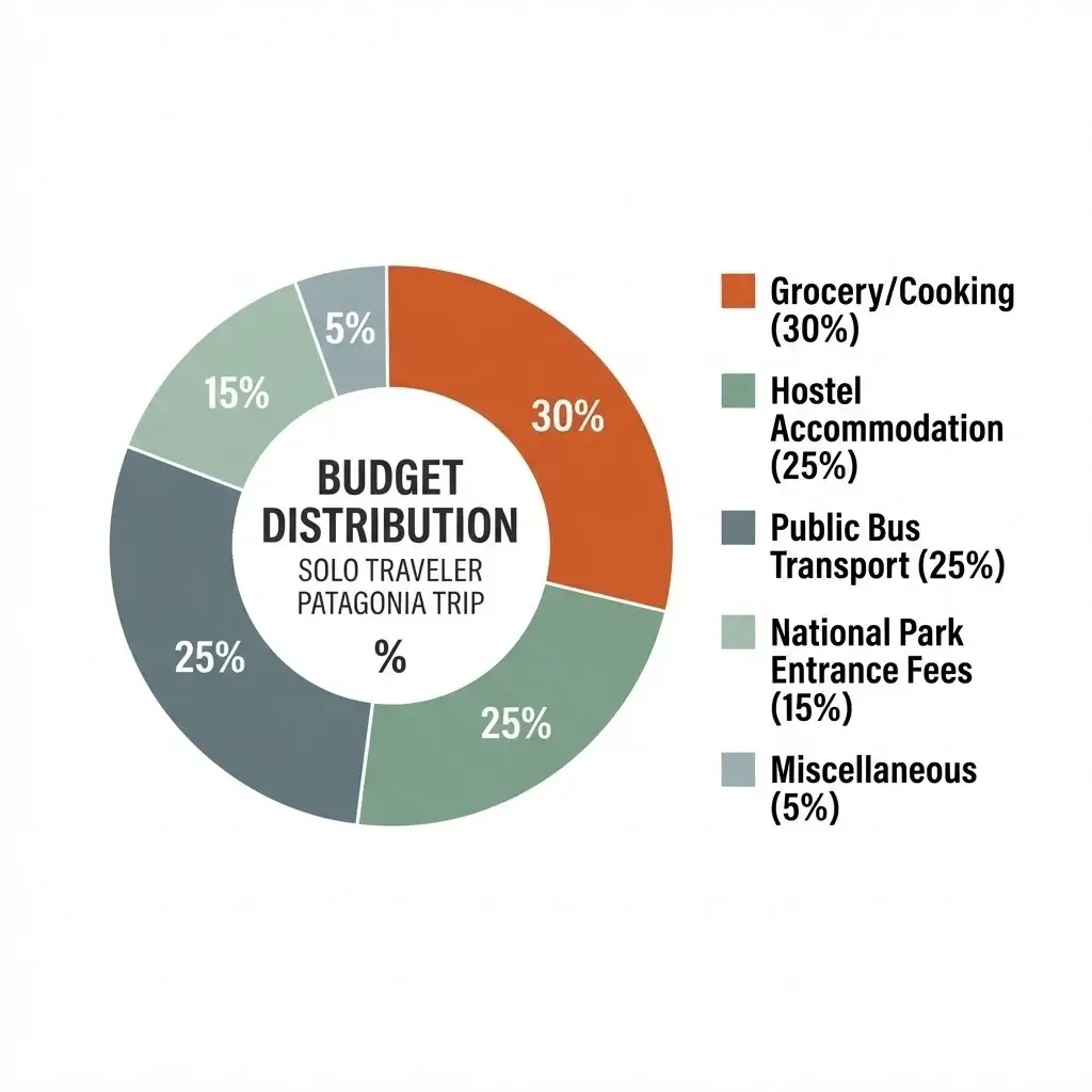 An infographic chart illustrating the typical budget distribution for a solo traveler in Patagonia, highlighting savings from cooking and bus travel.