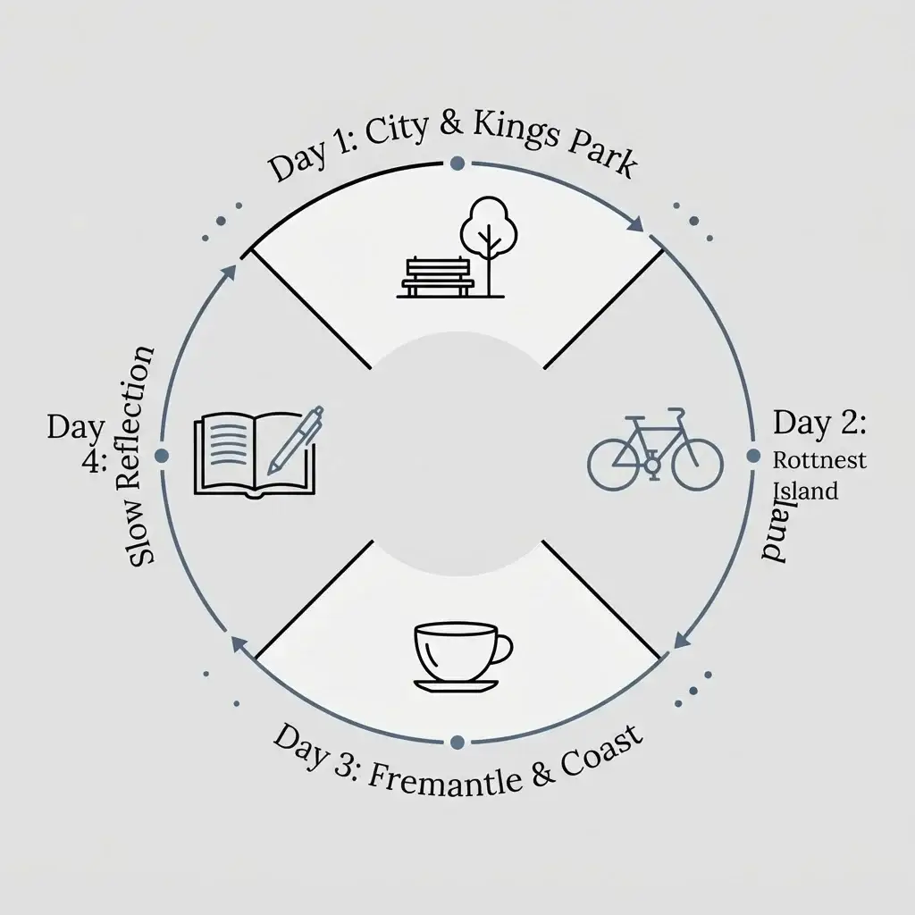 An infographic overview of a 4-day itinerary in Perth, showing day-by-day highlights including Kings Park, Rottnest Island, Fremantle, and coastal relaxation.
