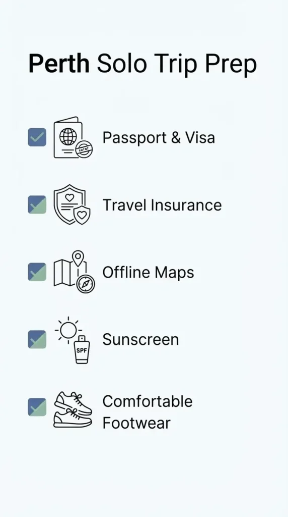 A clean checklist infographic for traveling to Perth, listing essential documents, health precautions, and packing items for solo travelers.