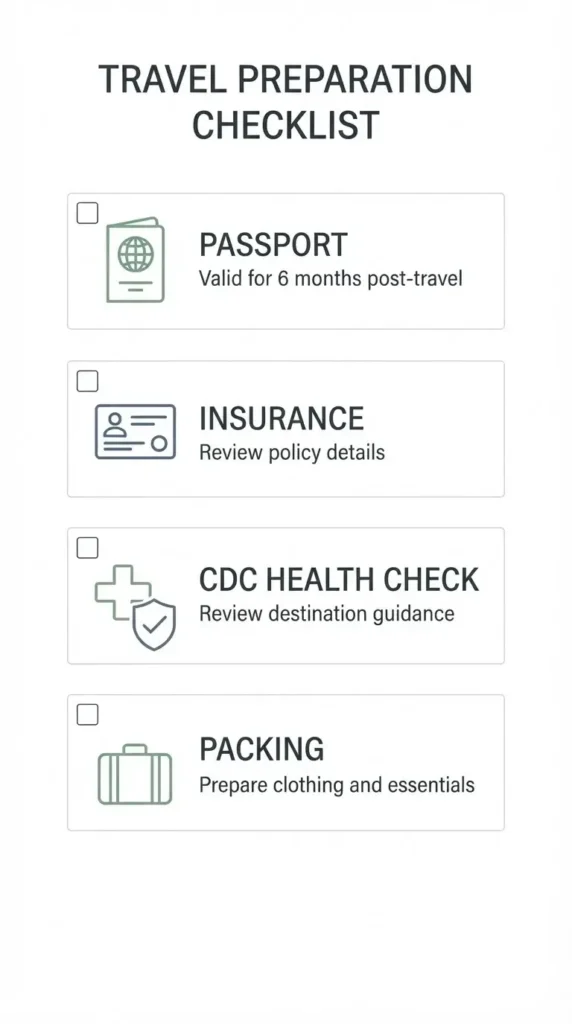 A minimalist checklist infographic for solo travelers preparing for a trip to Peru, featuring icons for passport, insurance, health docs, and gear.