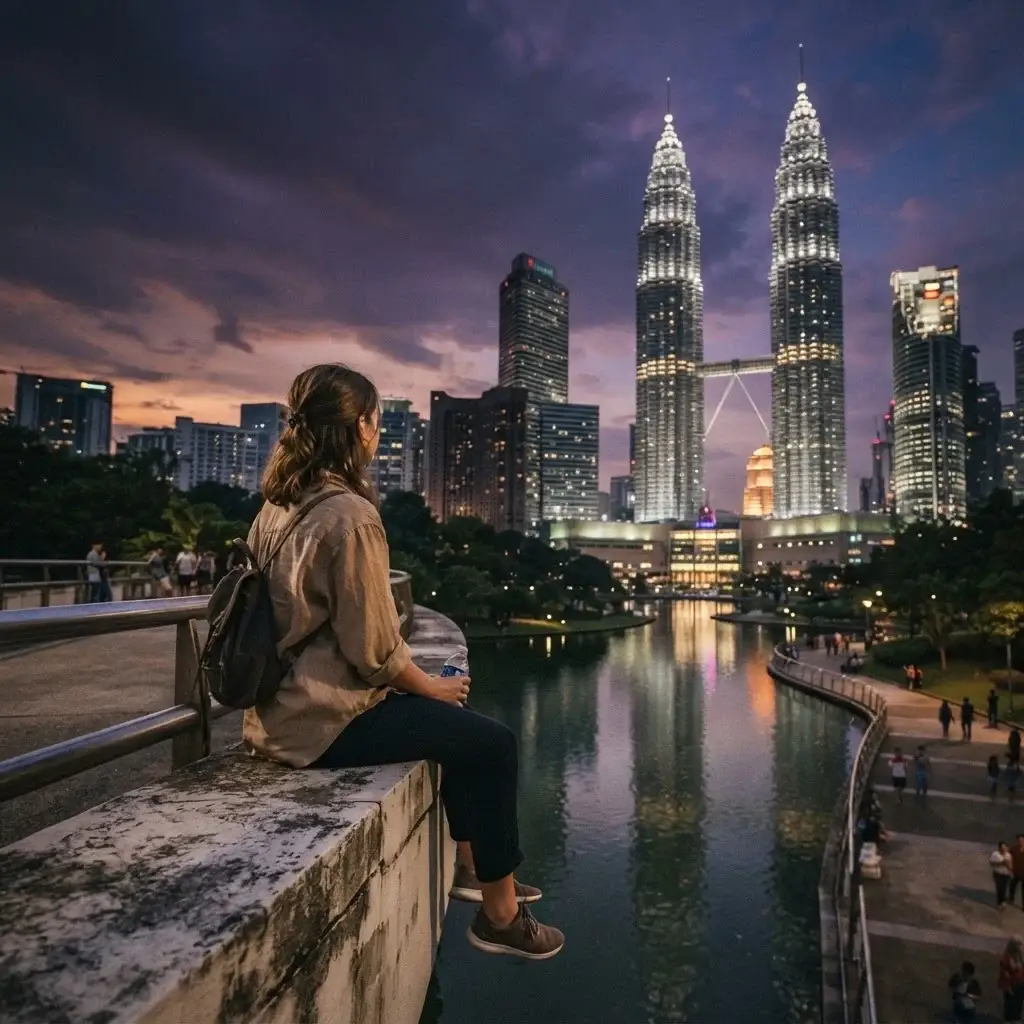 A female solo traveler in earthy-toned linen clothes sitting on a concrete bridge in KLCC Park, looking up at the illuminated Petronas Twin Towers in Kuala Lumpur during twilight sunset.