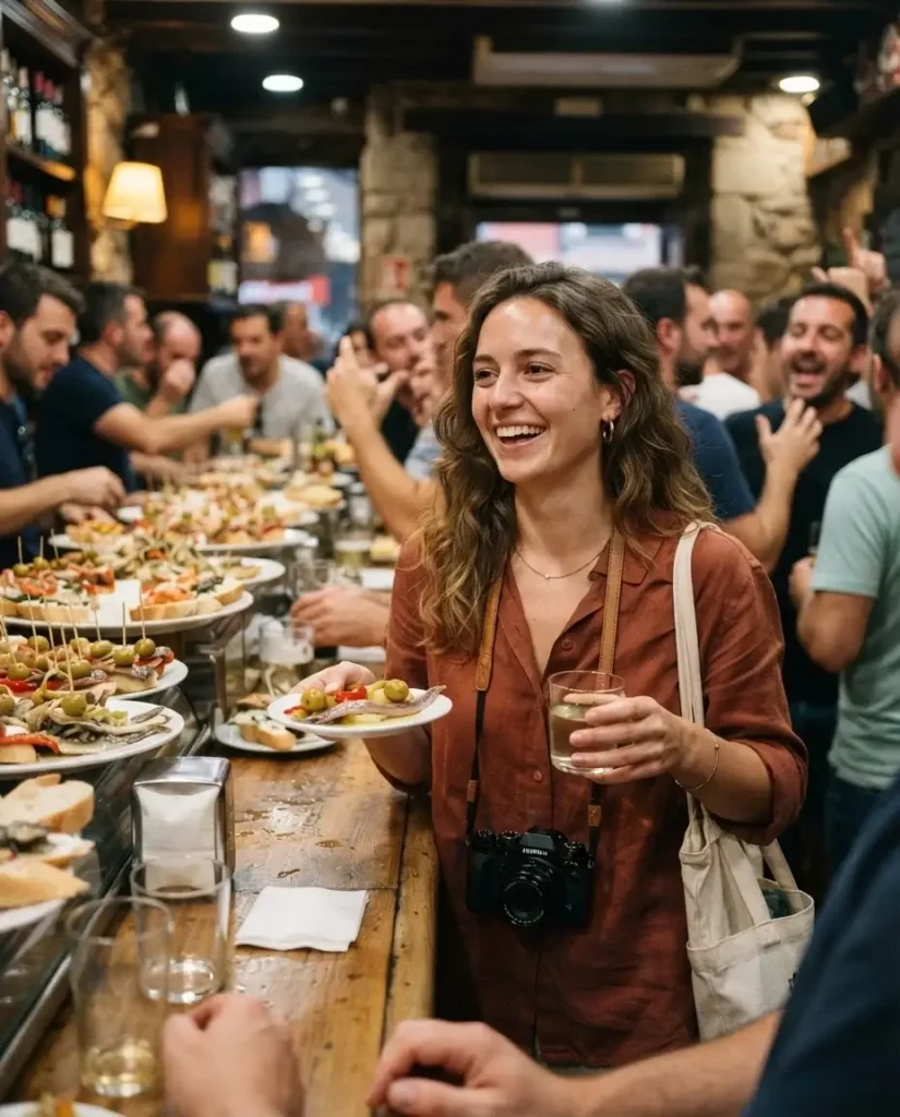Solo traveler standing at a counter loaded with colorful pintxos in a busy old-town bar in San Sebastian, Spain