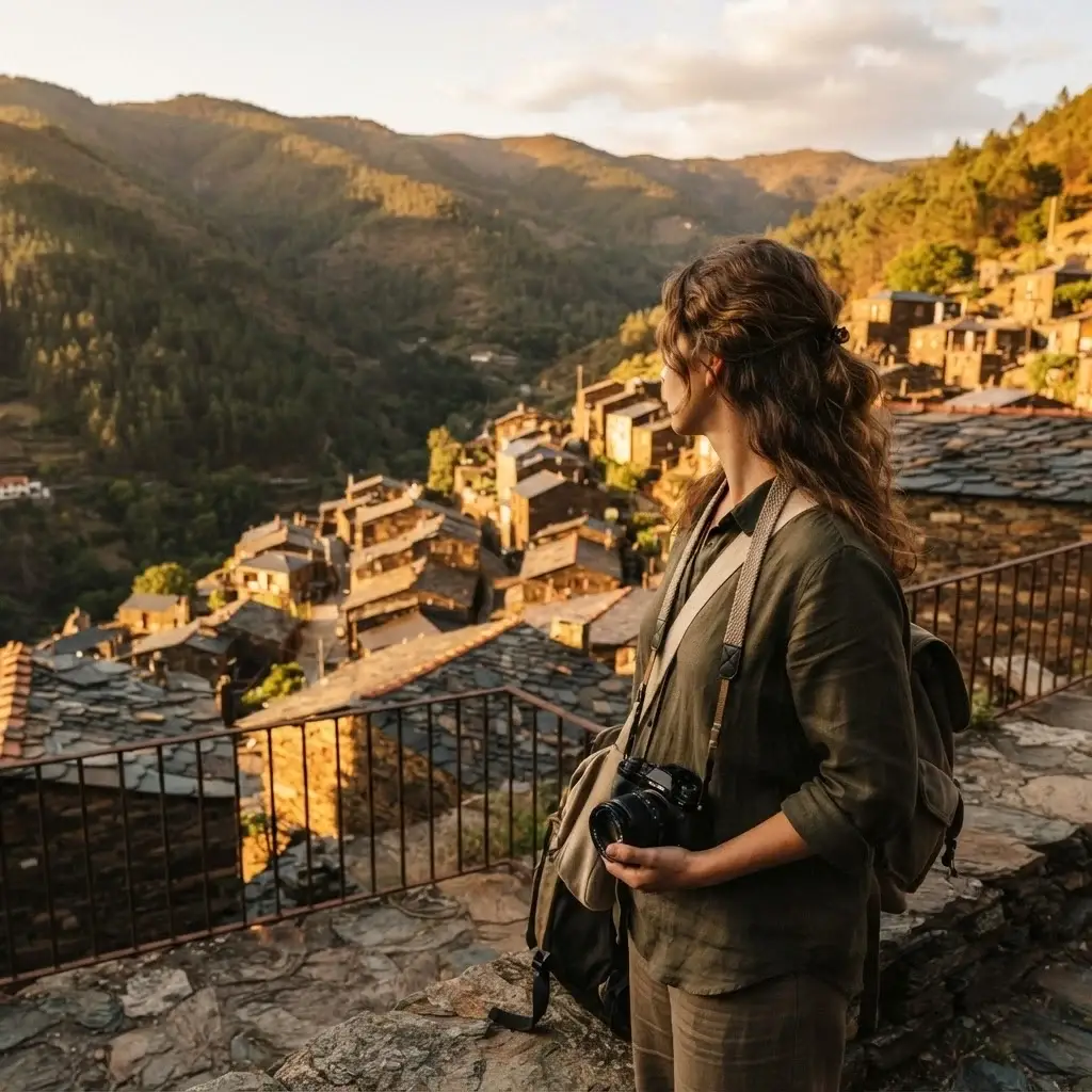 Traveler overlooking the dark schist stone rooftops of Piódão village in Portugal's Serra do Açor mountains at golden hour.