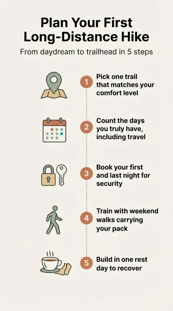 A vertical step-by-step infographic explaining how to plan your first long-distance hike in Europe, from choosing a trail and counting your days to booking key nights, training at home, and adding a rest day.