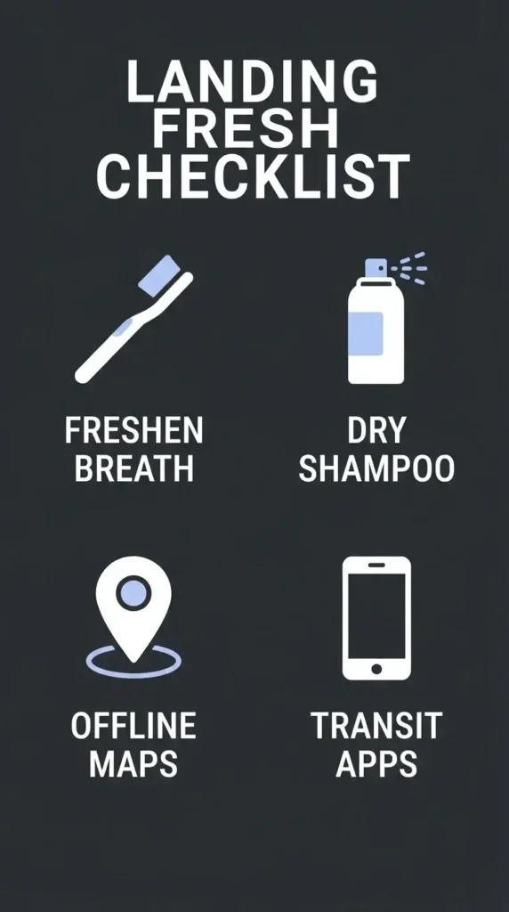 A high-contrast minimalist icon grid showcasing the essential tasks for landing fresh, including oral care, dry shampoo, local transit apps, and checking offline maps.