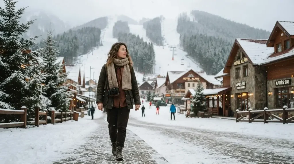 Snowy mountain town scene in Poiana Brasov, Transylvania, Romania with a solo traveler walking near the ski slopes at misty morning