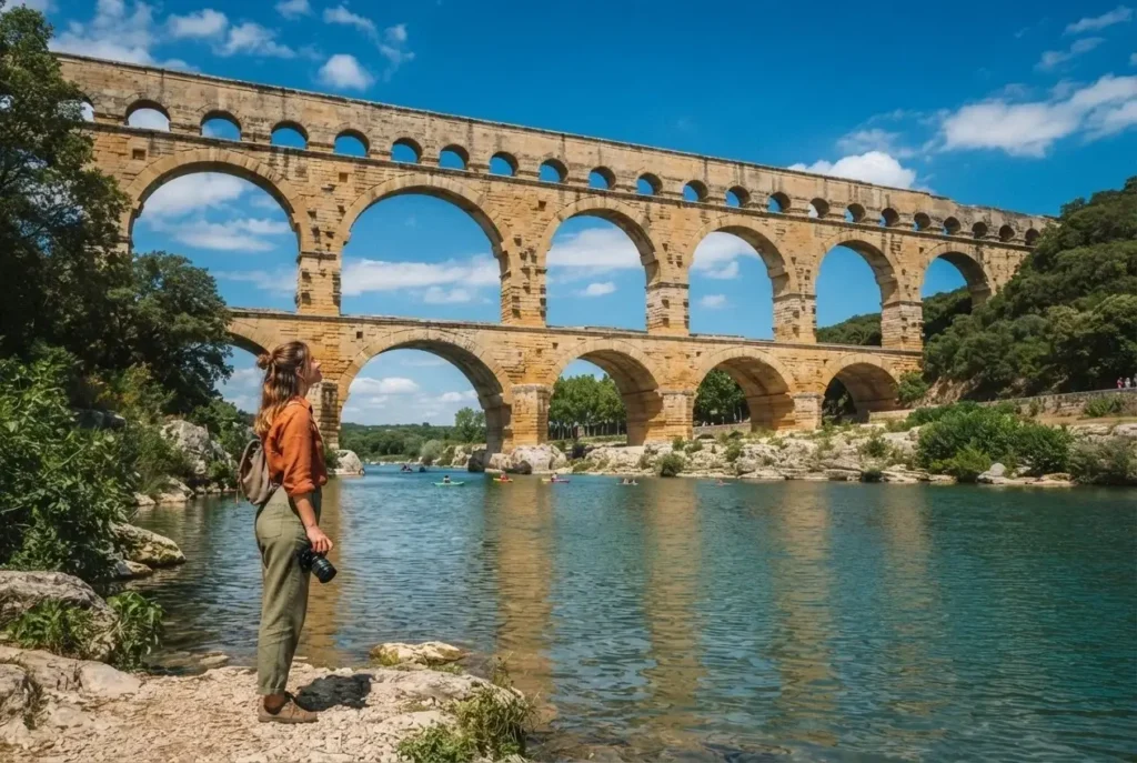 The three-tiered Roman aqueduct Pont du Gard rising above the Gardon River in southern France on a bright summer day