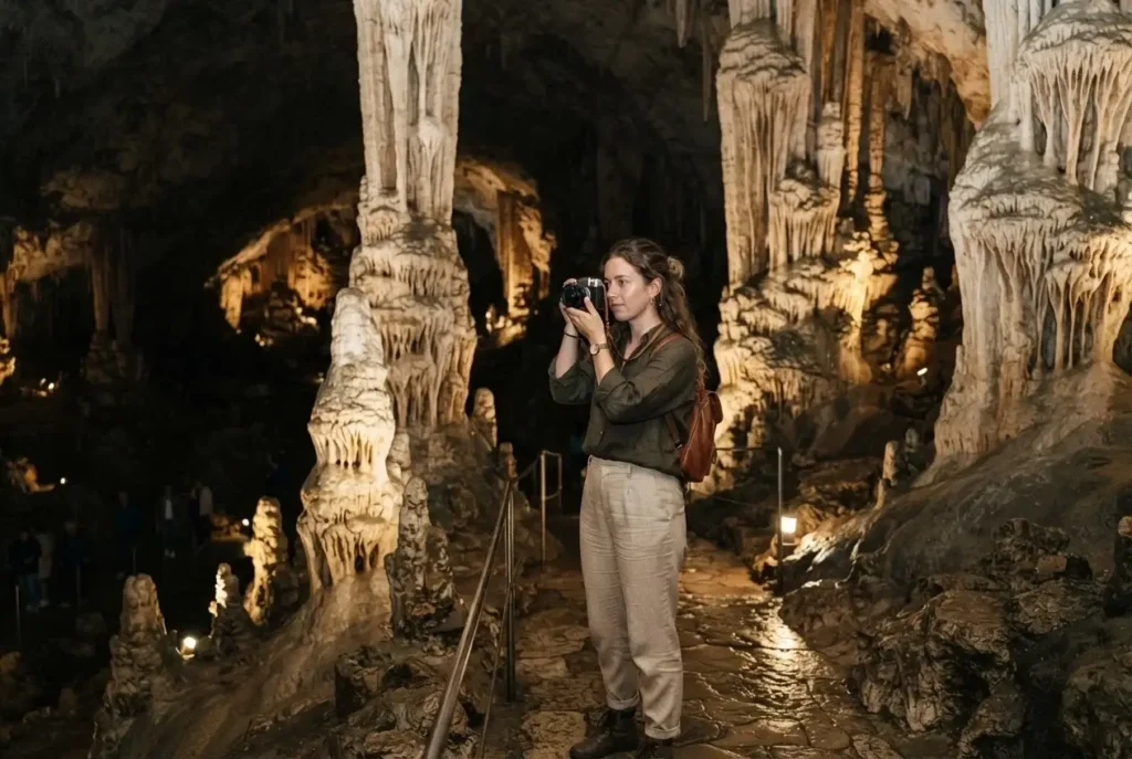 Solo traveler admiring the vast illuminated limestone formations inside Postojna Cave, Slovenia