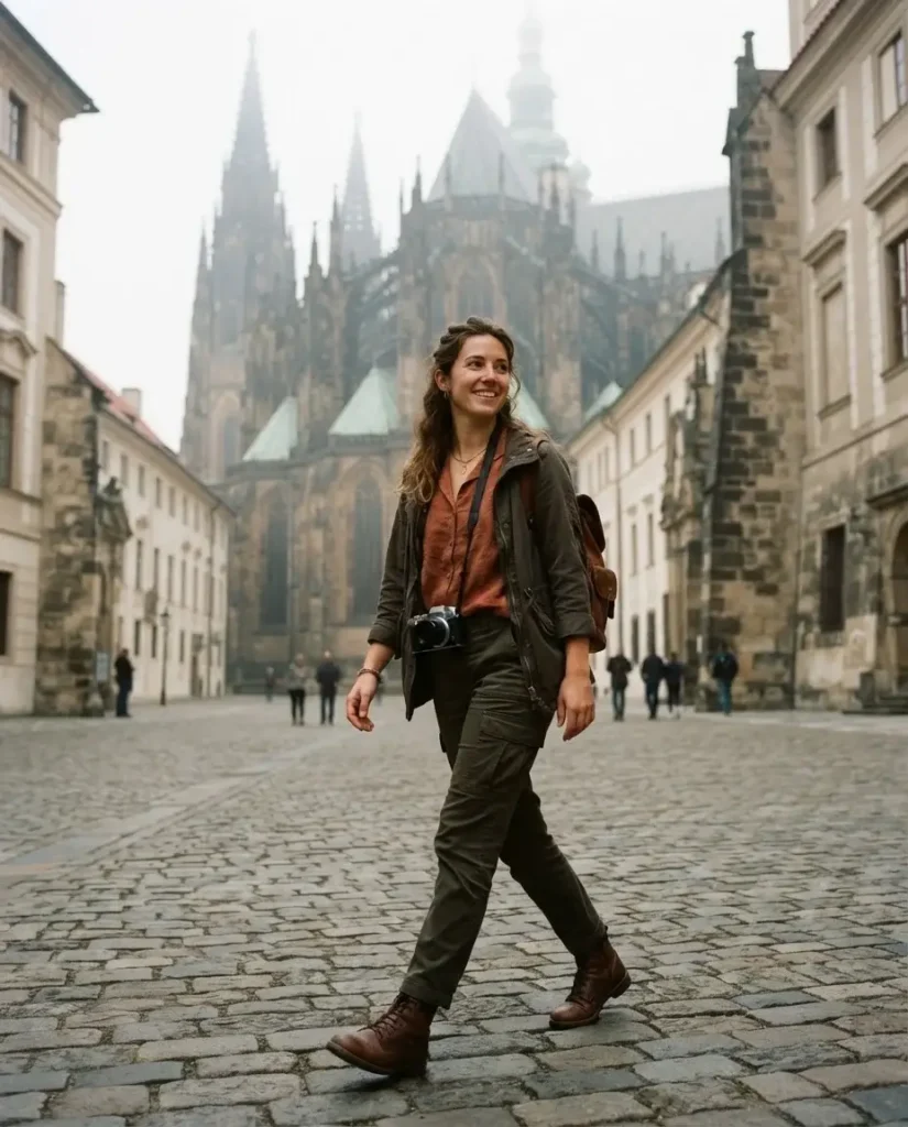 Solo traveler with a camera walking through a stone courtyard at Prague Castle overlooking the Vltava River, Czech Republic, misty morning light.